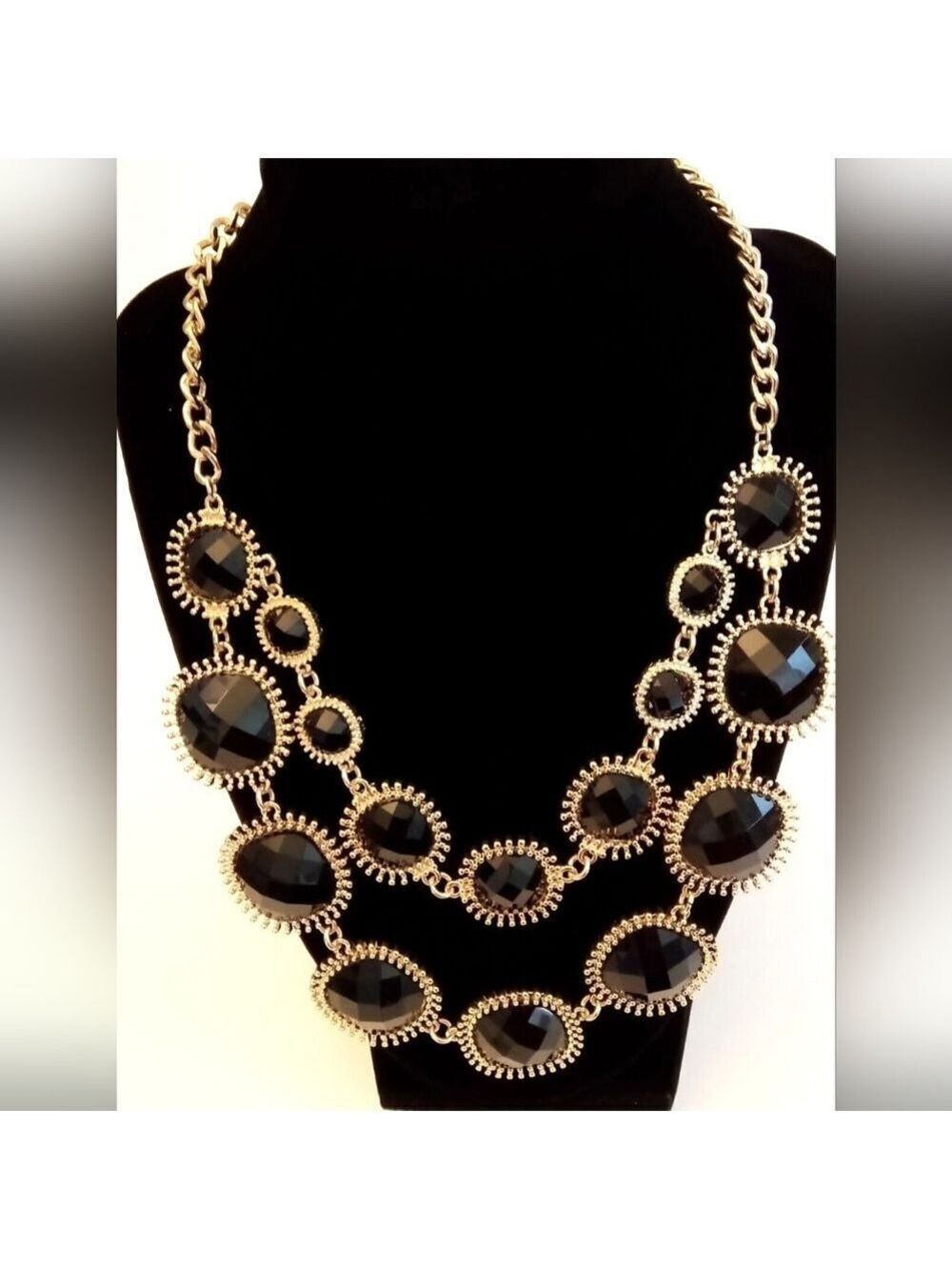 Mika Black Faceted Acrylic Faux Stone Gold Tone Necklace